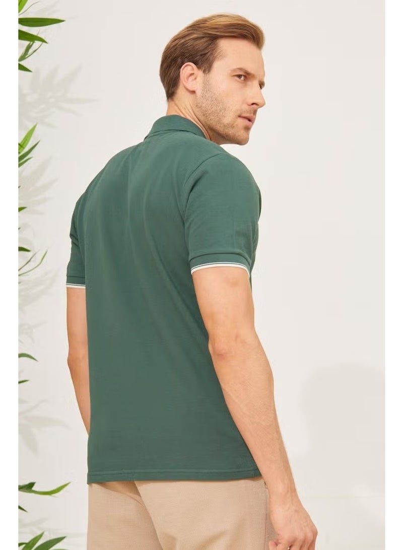 Odelon Men's Interstitial Collar Detailed Cotton Polo Neck T-Shirt Khaki - Image 2